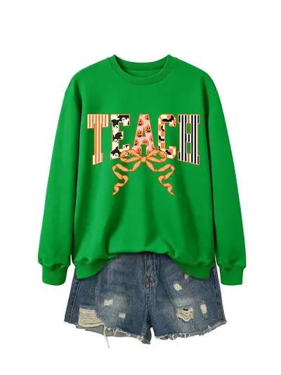Damen-Sweatshirt mit Geister-Kürbis, vertikalen Streifen und Schleife - 8