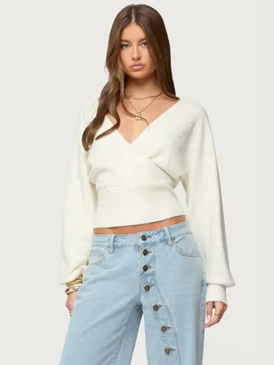 Damen-Strickpullover, langärmlig, V-Ausschnitt, Rückenschnürung, kurz