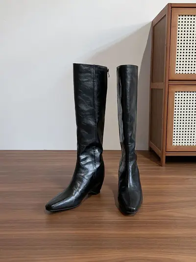 Women's Black Long Boots with 7cm Hidden Heel Lift, Fleece-Lined, Riding Boots - 8
