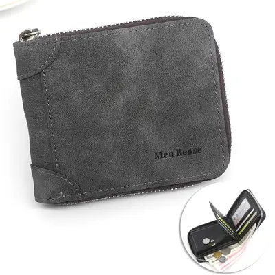 Men's Short Zip Bi-Fold Wallet, Retro Matte PU, Coin Pocket - 9