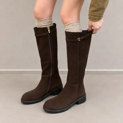 Women's Long Riding Boots, Square Toe, Low Heel, Side Zip