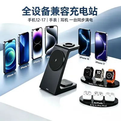 15W磁吸三合一无线充电支架MagSafe磁吸快充桌面无线充电器跨境