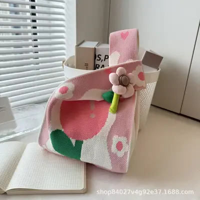 Knitted Women's Bag with Flower Pattern, Large Capacity, Korean Style - 13