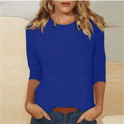 2026 Cross-Border Amazon New Women's Round Neck T-Shirt, 3/4 Sleeve Solid Color Top