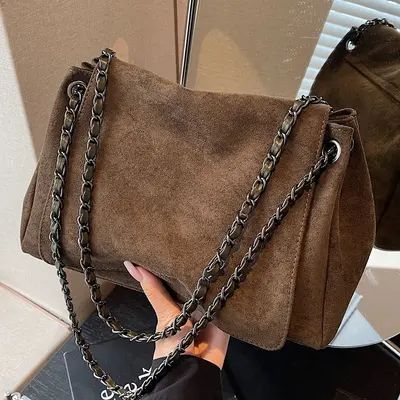 Women's Large Handbag, Suede-Look, Chain Underarm Bag, Autumn Winter - 2