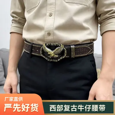 Western cowboy belt, youth punk style embossed men's studded leather belt, wholesale ethnic style belt in stock.