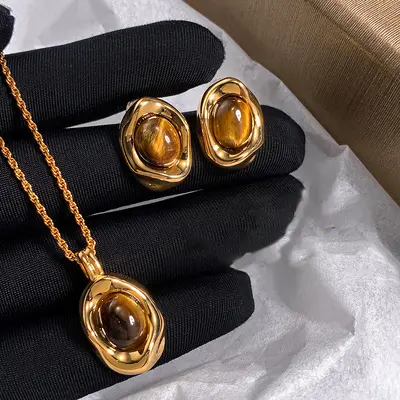 Altın kaplı kaplan gözü taşı kolye, vintage stil - 3