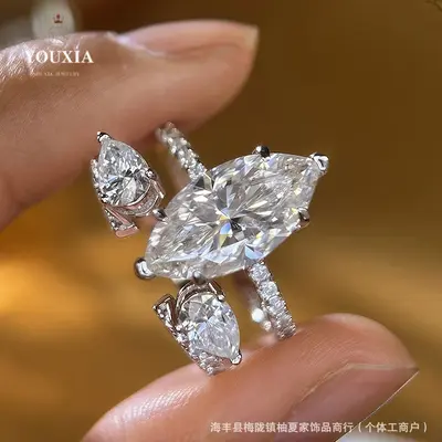 925 Sterling Silver 4 Carat Marquise Moissanite Ring for Women, Stackable