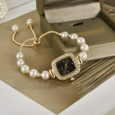 Neue Mode Perlen dünner Gürtel Diamant Quadrat Damenuhr frei verstellbares Armband Uhr Damengeschenk Quarzuhr - 10
