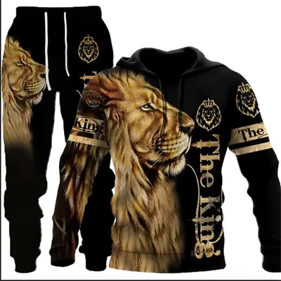 3D kurt baskılı kapüşonlu sweatshirt, erkek takım - 13