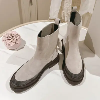 European and American fashion BC women's lace-free boots, genuine leather Chelsea short boots for autumn and winter, comfortable straight-leg short boots