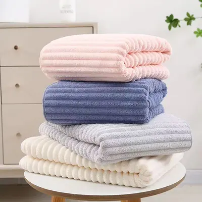Sugar velvet towel, extra-thickened coconut milk striped coral velvet bath towel, skin-friendly, absorbent, quick-drying adult beach towel