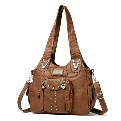 Washed Leather Women's Crossbody Shoulder Bag, Contrast Color, Large Capacity