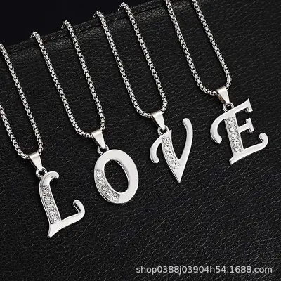 2026 summer new style 26 diamond-plated English letter necklaces for men, creative diamond-plated jewelry accessories popular in Europe and America for women