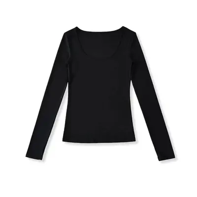 Women's U-Neck Long Sleeve Stretch Base Top, Solid Colour