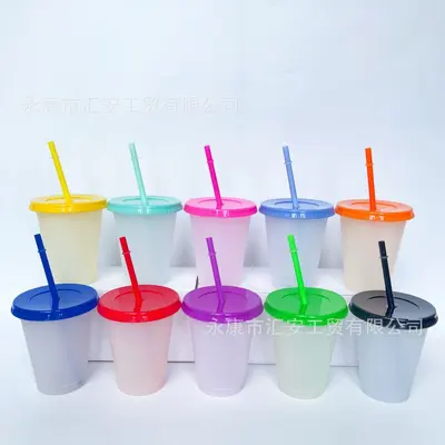 16OZ (475 ml) sıcaklıkla renk değiştiren PP plastik pipetli bardak seti, 10 adet