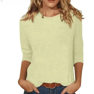 2026 Cross-Border Amazon New Women's Round Neck T-Shirt, 3/4 Sleeve Solid Color Top