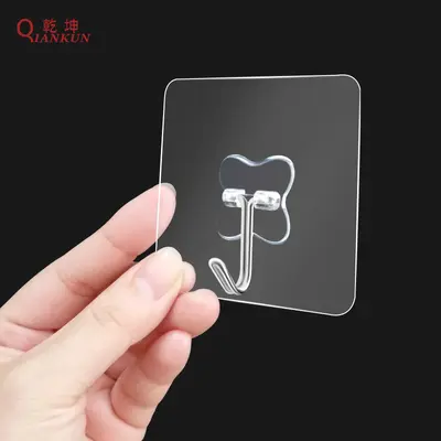 Adhesive Stainless Steel Kitchen Hooks, Transparent and Residue-Free