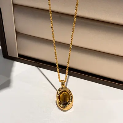 Altın kaplı kaplan gözü taşı kolye, vintage stil - 2