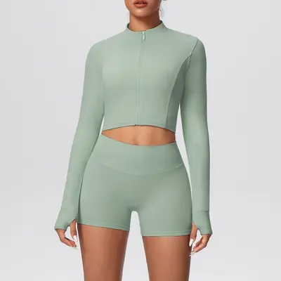 Solid Color Two-Piece Short Jacket Set, Tight-Fit Yoga and Running Wear - 10
