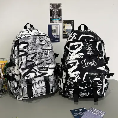Men's Large Capacity Graffiti Backpack, Casual Daypack for College and Middle School Stude - 4