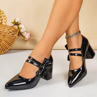 2026 Spring New Arrival Foreign Trade Plus Size Women's Chunky Heel High Heels European and American Style Pointed Toe Lightweight Comfortable Bow Knot