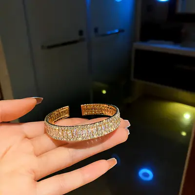 French-style zirconia geometric open bangle bracelet for women