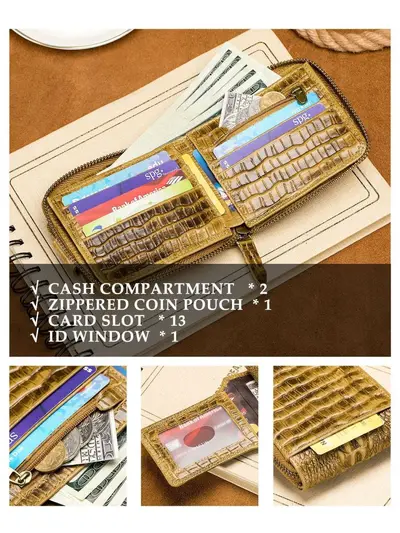Erkek Gerçek Deri Timsah Desenli Fermuarlı Yatay Cüzdan, RFID Korumalı - 4