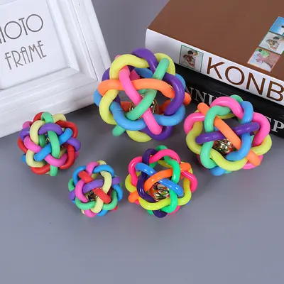 TPR Squeaky Rainbow Dog and Cat Toy, Woven Bell Ball - 1