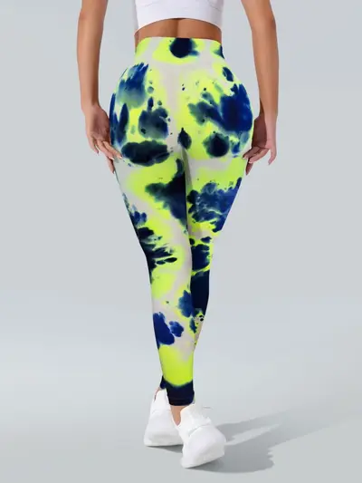 Sports yoga fitness seamless leggings, blue-green tie-dye, high-waist women's