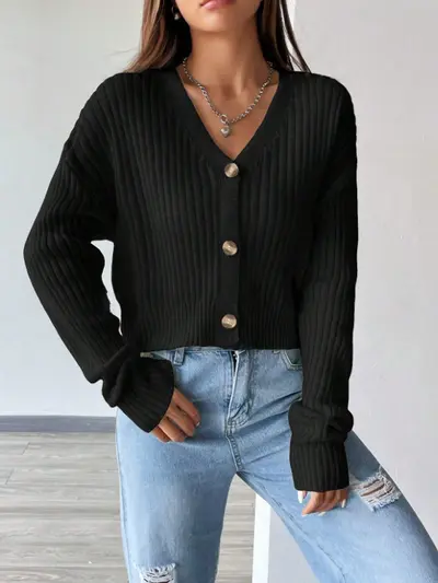 Women's V-Neck Long Sleeve Knit Cardigan, Solid Color, Autumn Winter - 8