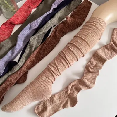 Retro Gri Yeşil Diz Üstü Çorap, Kadın İnce Bahar Sonbahar Modeli, Mor Çizgili