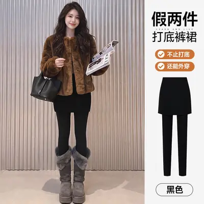 加绒打底裤女新秋冬假两件棉裙裤可外穿高腰遮胯高弹普拉提瑜伽裤 - 7