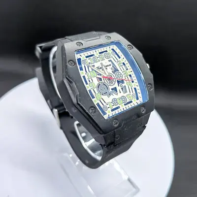 Men's quartz watch, barrel design, silicone strap, hollow dial - 11