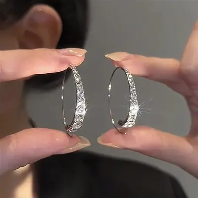 Women's Diamond Circle Earrings, Silver, Elegant Design - 7