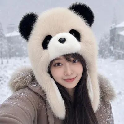 Kadın panda bere ve atkı 2'li set, kış, polar astarlı, rüzgar geçirmez - 2