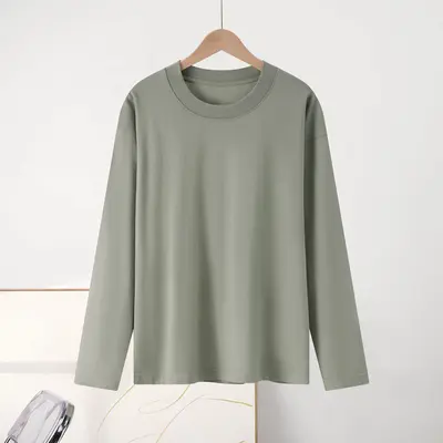 Women's 230g simple inner-lined shirt autumn long sleeve pure cotton right shoulder men's t-shirt round neck solid color double outfit wholesale - 11