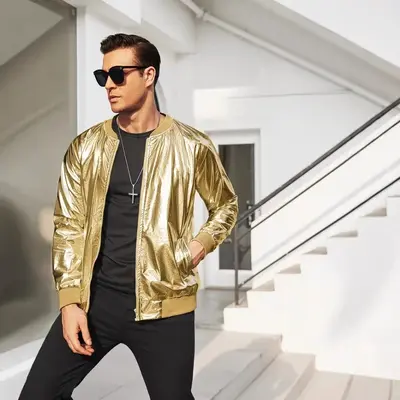 Men's Glossy Metallic Zip-Up Jacket, 70s Disco Style