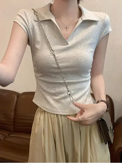 Trendy sexy girl pure desire waist wrap short sleeve t-shirt for women, summer new solid color sweater slim fit short top for women. - 13