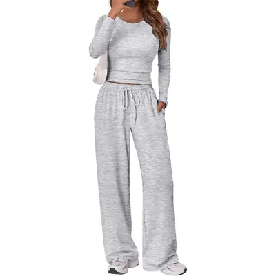 Women's Sports Yoga Set, Autumn Winter Solid Color Long Sleeve Round Neck