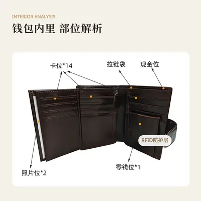 Genuine Leather Men's Wallet, Retro Multi-Slot, RFID Anti-Theft, Large Capacity - 3