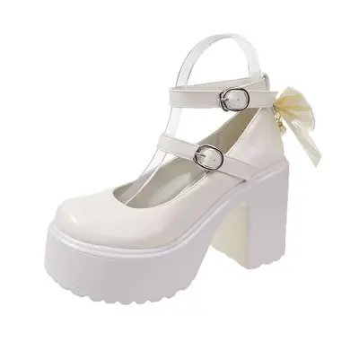 Women's High-Heel Mary Jane Shoes, Single Strap Buckle, Round Toe, Chunky Heel