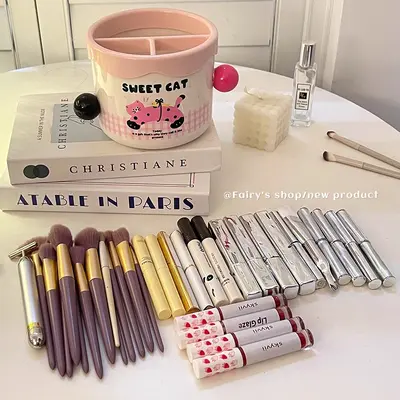 Vanity cosmetics storage box with lipstick, eyeshadow and brush organizer