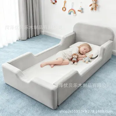 Solid Wood Baby Bed with Guardrail, Stitchable Design