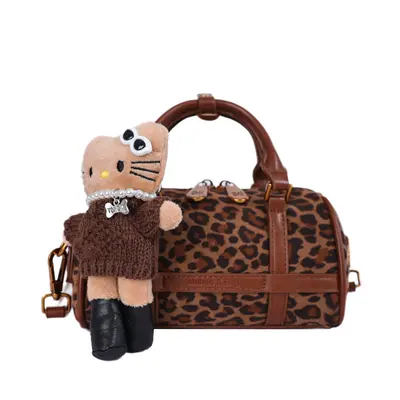 Retro Cylinder Boston Bag, Leopard Print Patchwork Shoulder Crossbody Small Bag