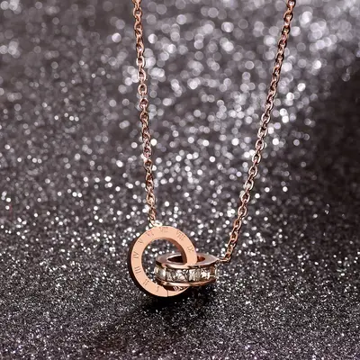 Titankarbonstahl Doppelring-Halskette, 18K Roségold vergoldet - 5