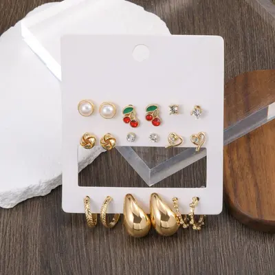 Multi-Pair Earring and Stud Set, Alloy Card-Mounted Earrings - 12