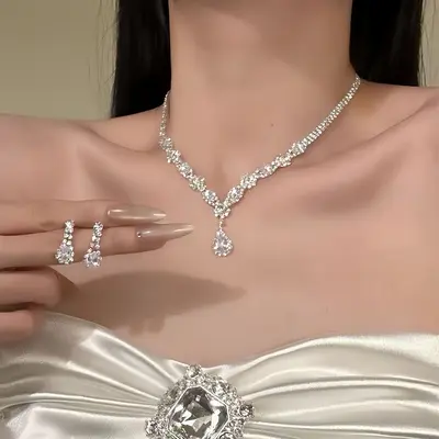 Diamond Necklace and Earring Set Silver Collarbone Chain - 2