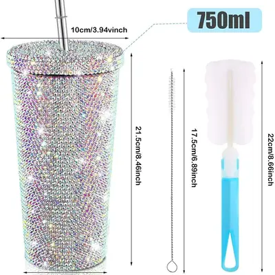 Doppelwandiger Edelstahlbecher mit Trinkhalm, Diamantbeschichtung, Geschenk - 8