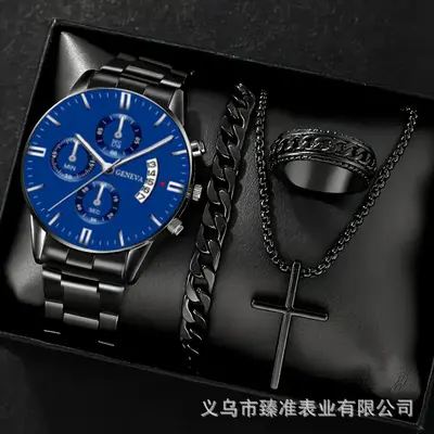 Men's watch set, black gold steel band with cross pendant - 8